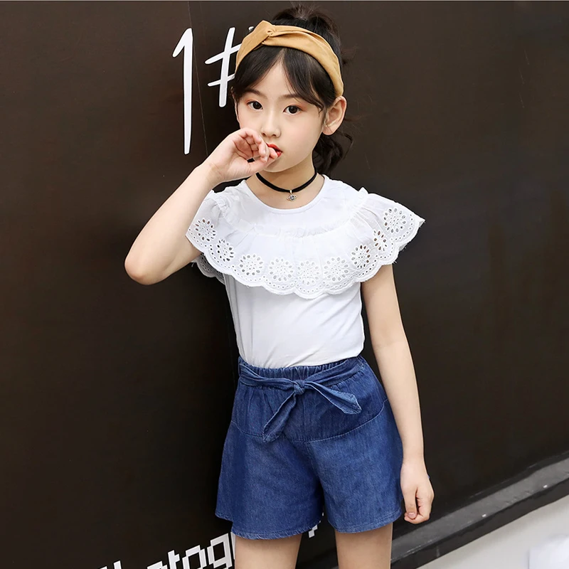 Короткие комплекты для девочек летняя детская юбка принцессы кружевной топ +
