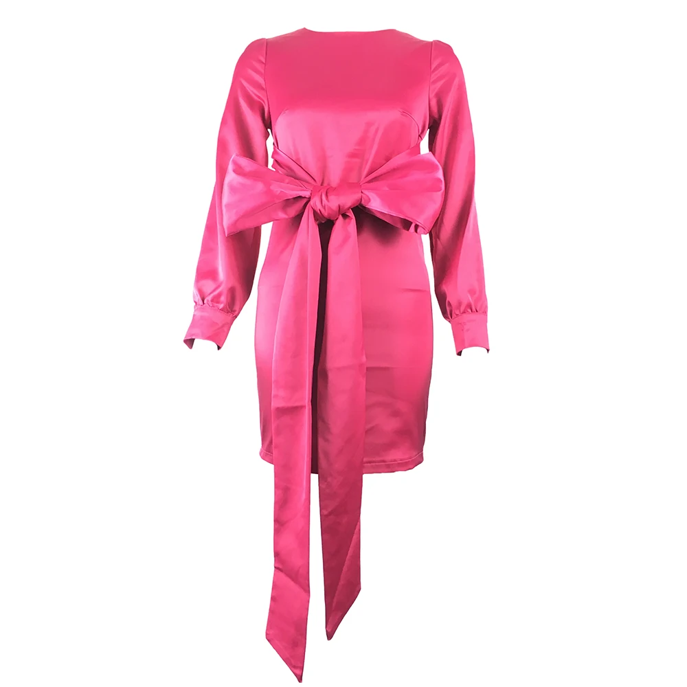 

2020 New Fashion Women Sexy Dress Pink Bow Dresses Female High Waist Sheath Club Dress Short Summer Long Sleeve Dress