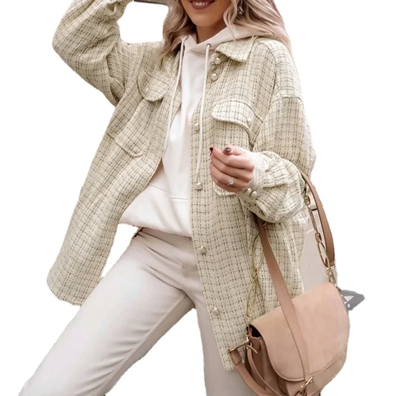 

Elegant Pearl Tweed Plaid Shirt Women Autumn Winter Casual Loose Oversized Long Shirt High Street Fashion Women's Blouse