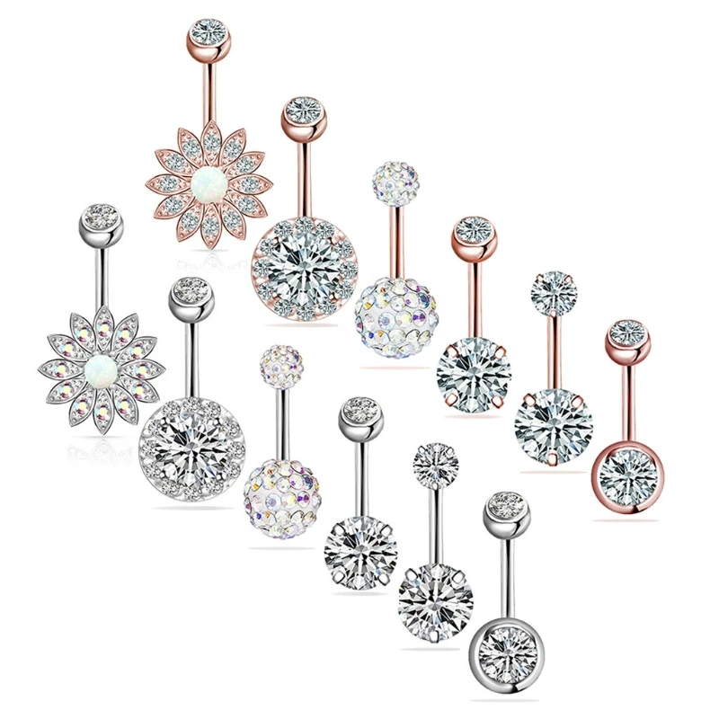 

6Pc Stainless Steel Belly Button Ring Navel Barbell CZ Body Piercing Jewelry 45BC