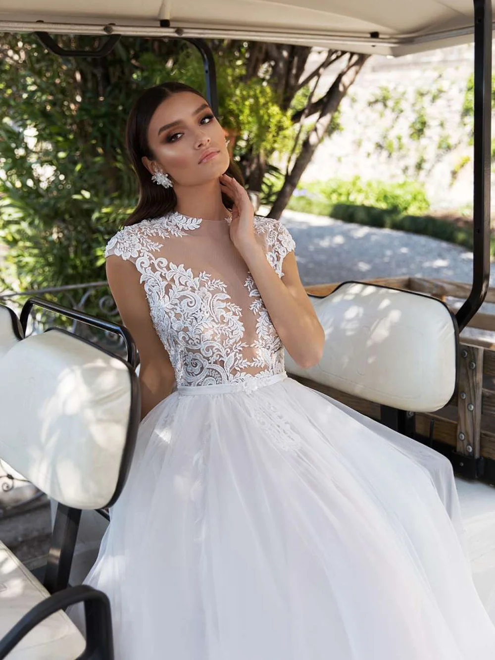 

Gergeous A Line Wedding Dress Illusion Appliques Bridal Dresses O Neck Cap Sleeve Tulle Open Back Sweep Train Wedding Gown