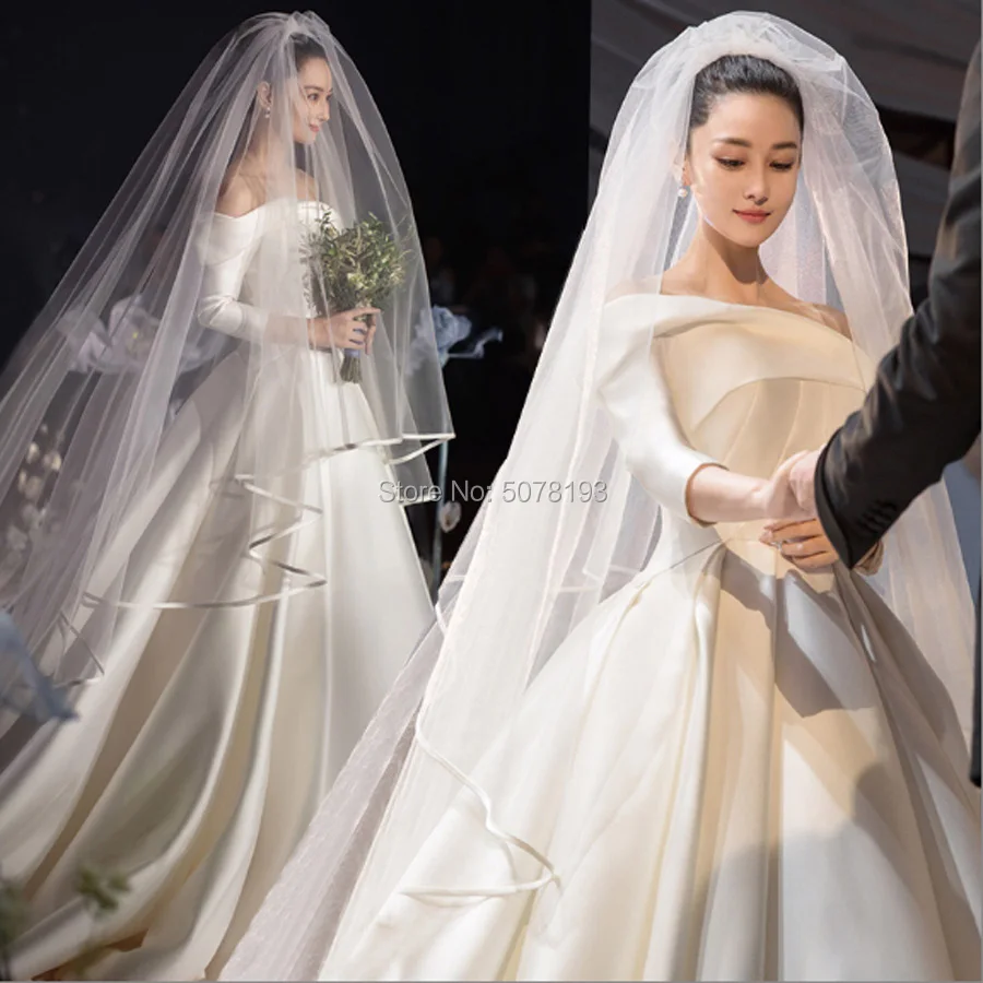8148boat-neck off-the-shoulder natural A-line floor-length matte satin wedding dresses/gowns 2019 Celebrity Dress free shipping | Свадьбы и