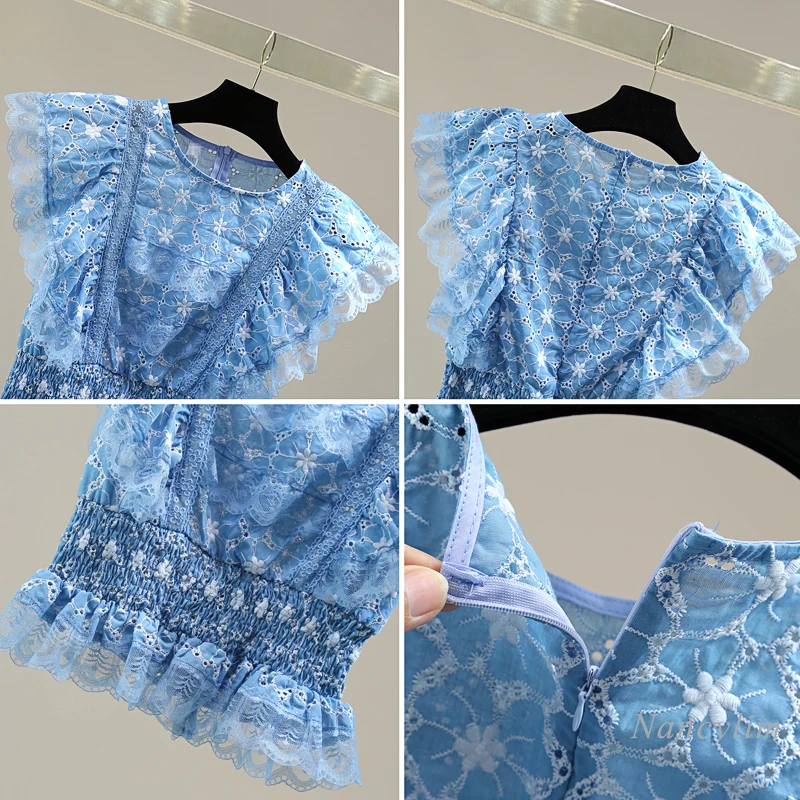 Dentelle Brodée Taille Haute Chemise Courte Femme 2021 Style Coréen d'été À Volants Creux Sans Manches En Coton et Lin Hauts Blusas