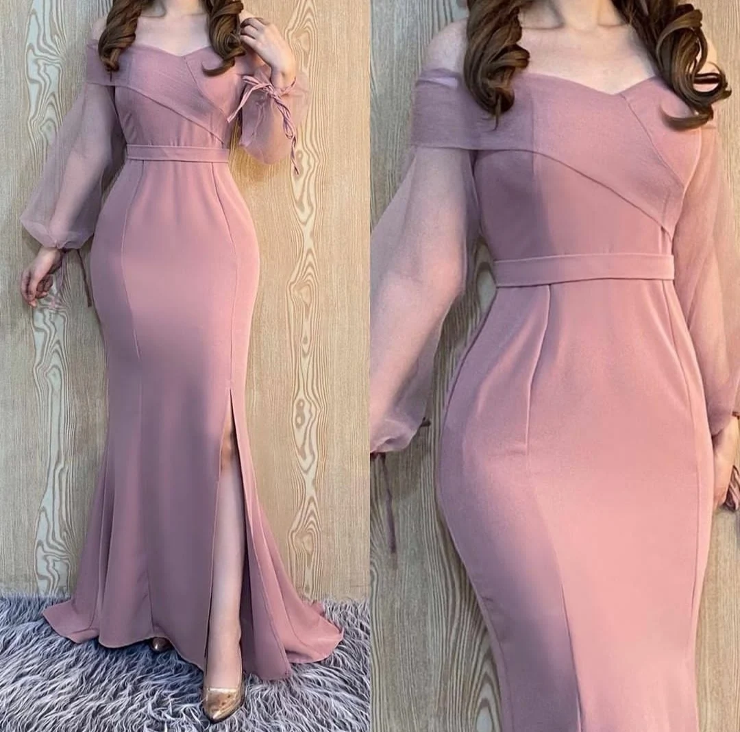 Женское длинное вечернее платье русалка розовое плиссированное на плечо с