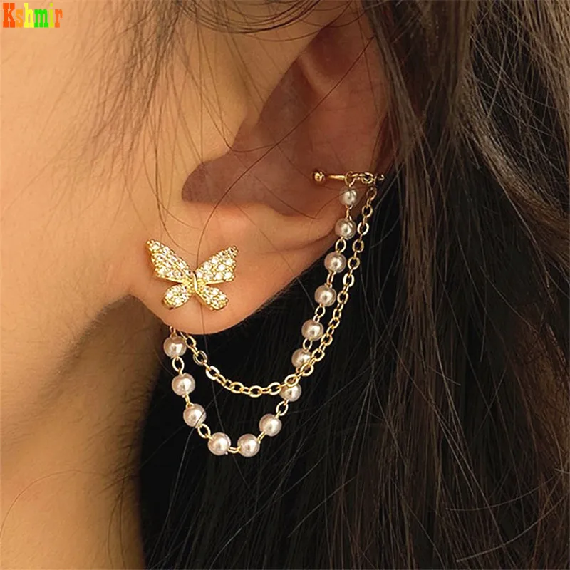 

Kshmir Fashionable female pearl butterfly earrings metal earrings chain hanging earrings clip type female jewelry 2021