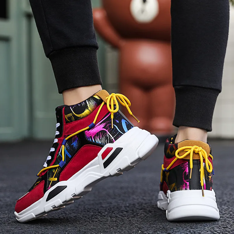 Fashion Rainbow Printed Men's Sports Shoes High top Ankle Platform Men Sneakers Skateboard Red Non-slip Men Skate Shoes Trainers
