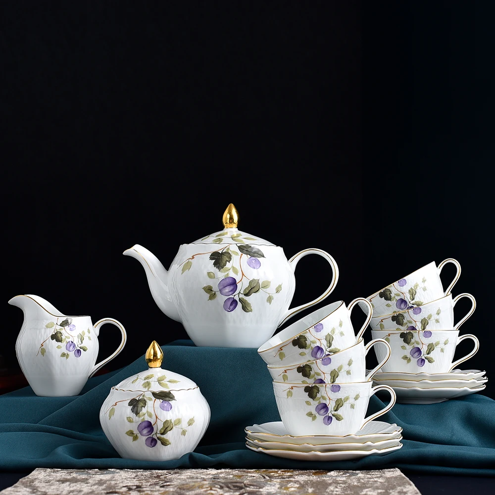 Juego de 15 unids/set de caf&eacute; de porcelana de hueso de buena calidad, juego de t&eacute; de porcelana con relieve moderno-0