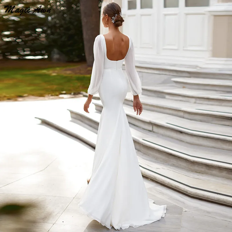 

Magic Awn Bohemian Chiffon Mermaid Wedding Dresses Long Sleeves Side Split Simple White Beach Mariage Gowns Vestidos De Novia