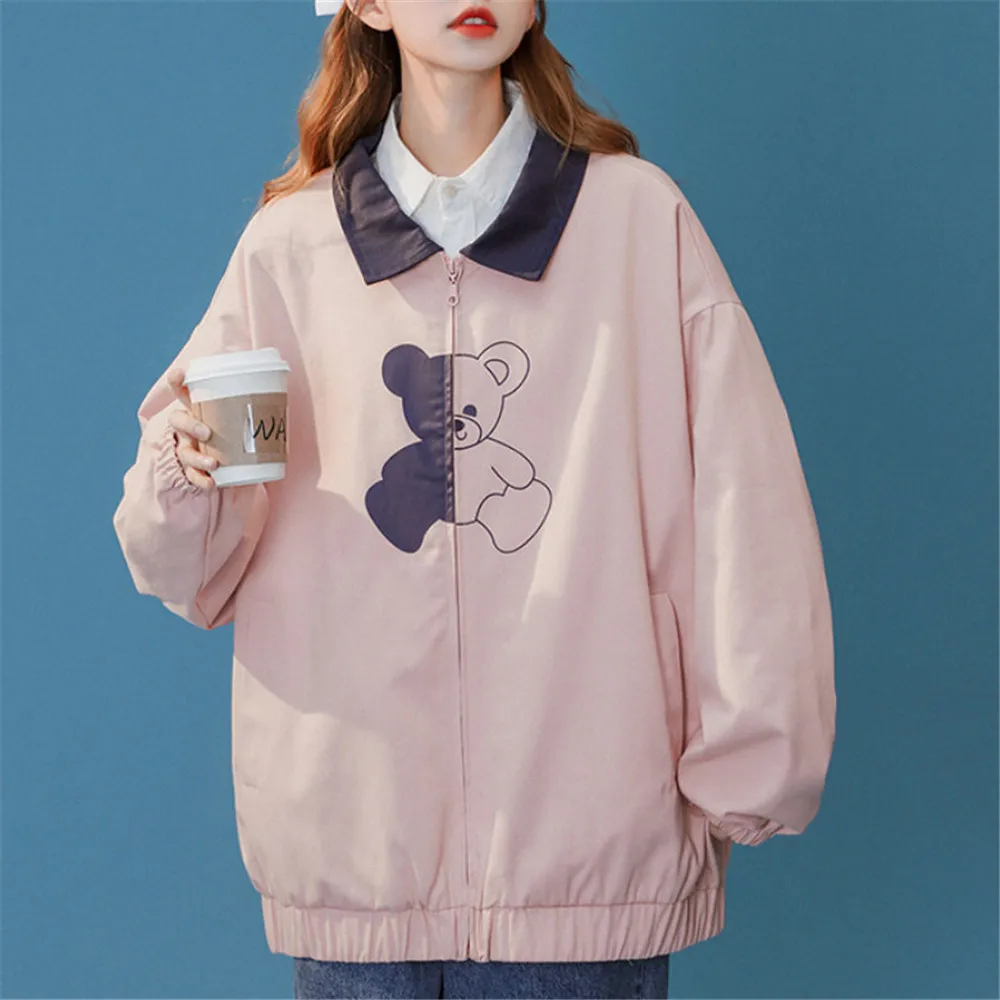

Cool Harajuku Bear Printed Hoodie Loose Long Sleeve Hoodie Streetwear Females Cute Animal Print Hoodie Funny Patchwork Tops Girl