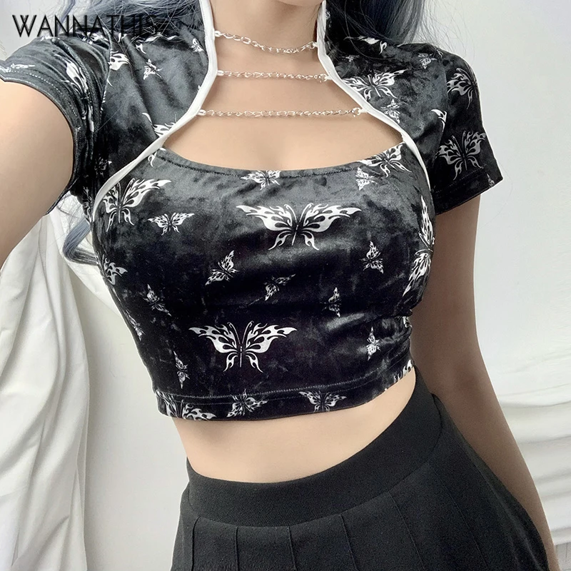 Женский бархатный укороченный топ WannaThis облегающий эластичный винтажный с