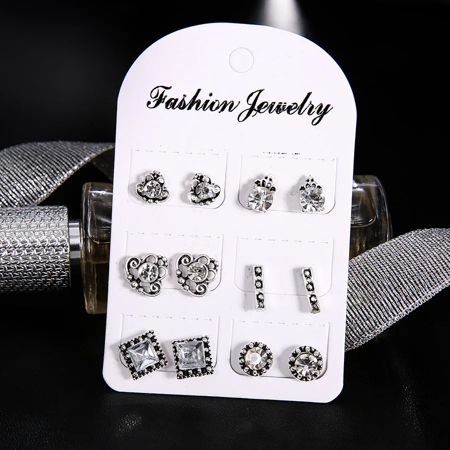 

6 Pairs Bohemian Lady Girl Rhinestone Ear Studs Earrings Fashion Jewelry