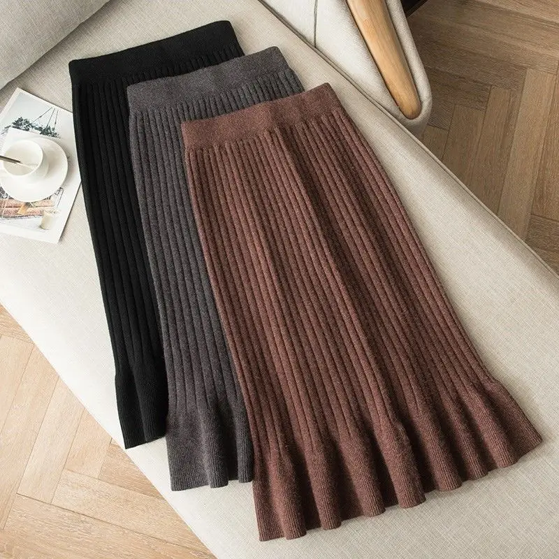 

Women skirt plus size wool long fishtail skirt autumn and winter high waist all-match knitted bag hip skirt female autumn 2021