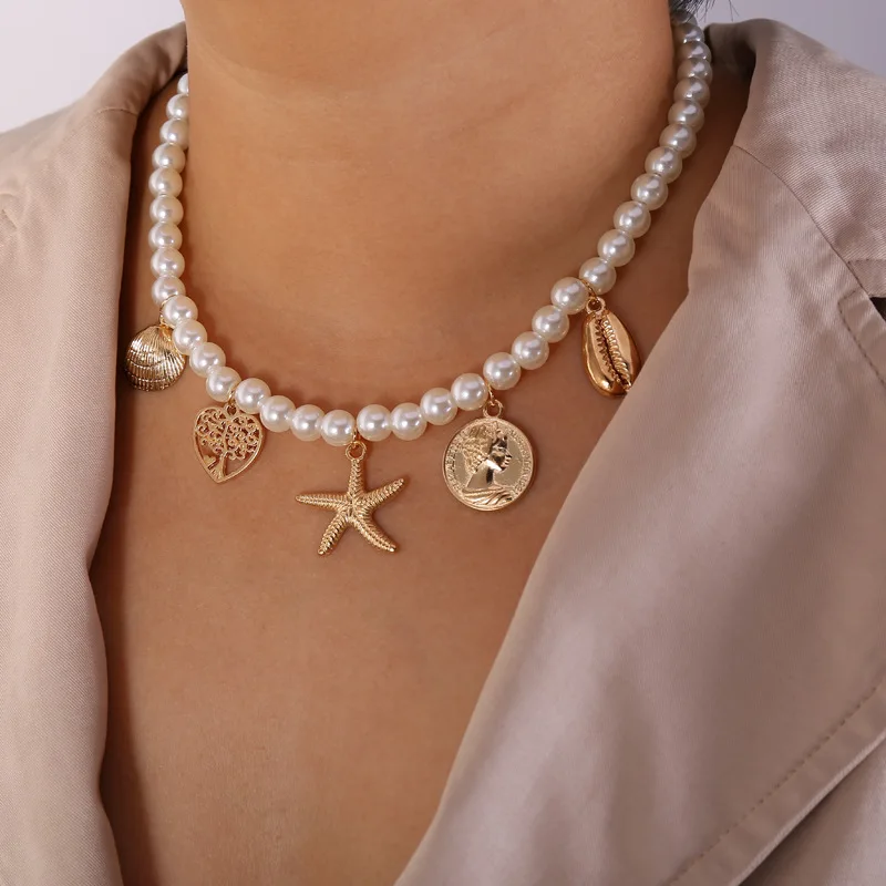 Женская цепочка из цинкового сплава с жемчугом и морскими звездами|Ожерелья