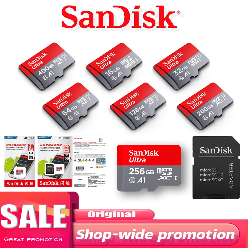 Карта памяти SanDisk Ultra Micro SD 400 Гб 256 ГБ 200 ГБ 128 Гб 64 ГБ 32 ГБ 16 ГБ макс. 100 м/с A1 MicroSD SDHC UHS-I C10 TF