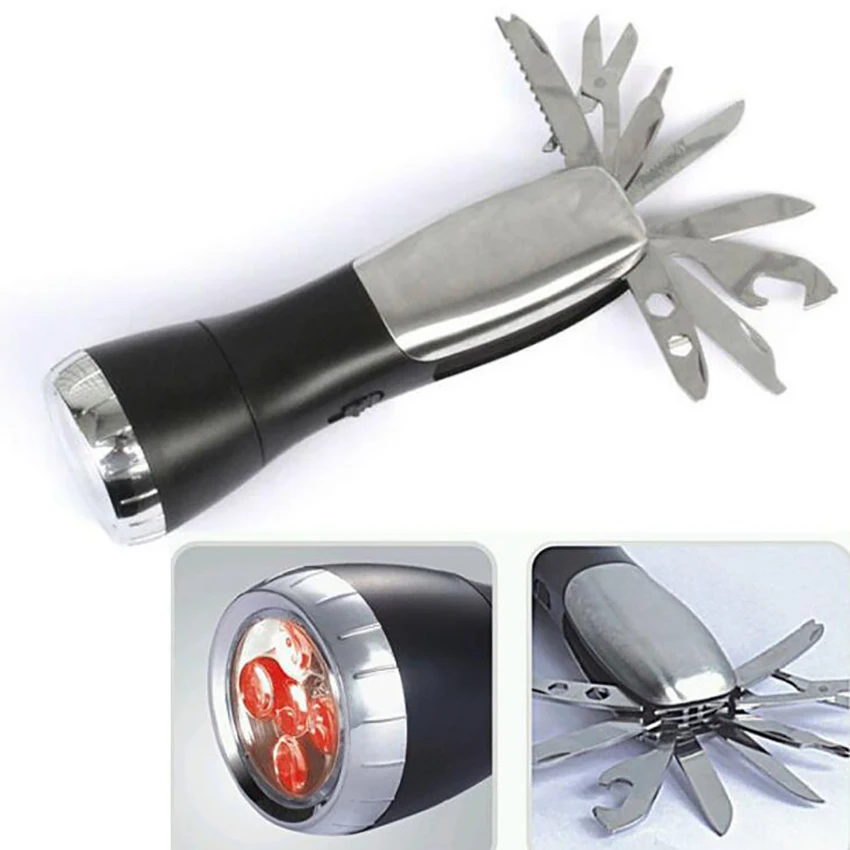 

10 in 1 Auto Emergency Tool & Flashlight with Red Light Warning & Knives Tool 5 LED Beads Flashlight Outdoor Survival Tool