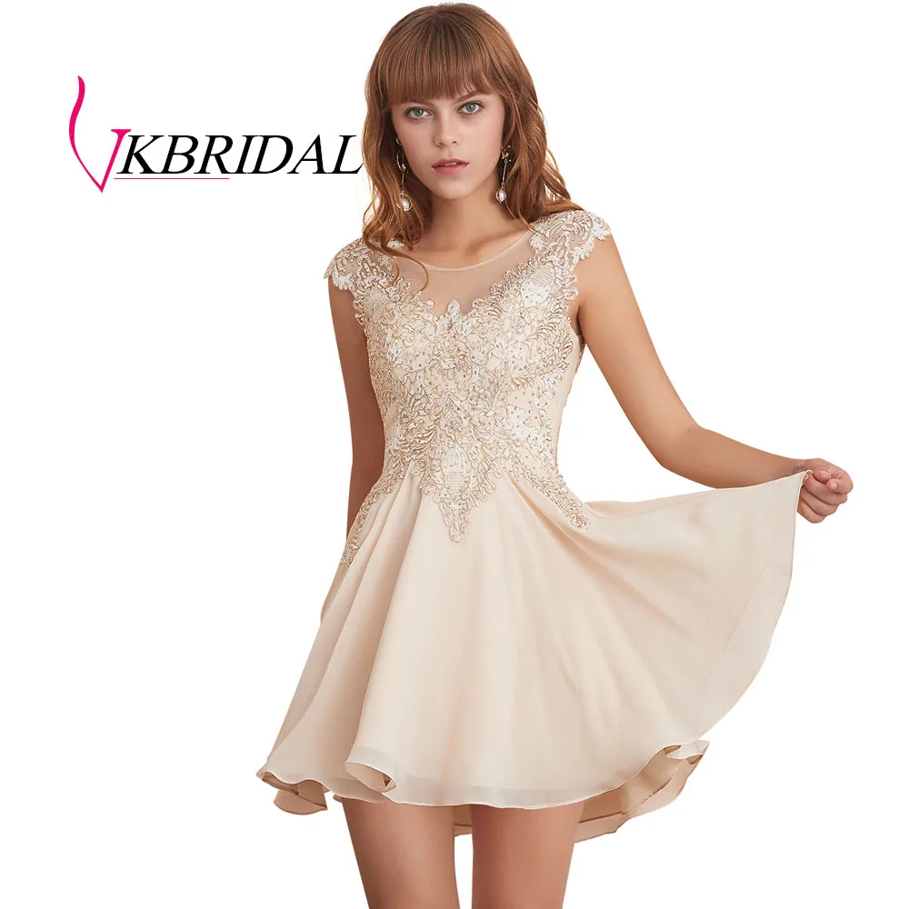Шампанское VKBRIDAL Выпускные платья шампанского шифон аппликации бисером вечернее короткое платье для выпускного вечера - Цвет: Шампанское