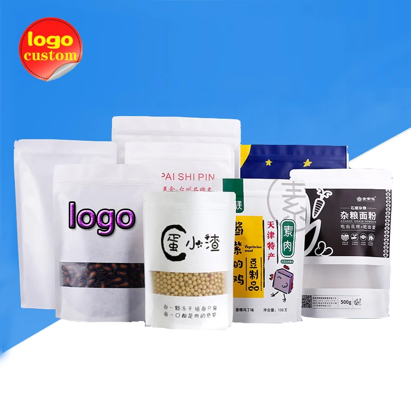 Белый крафт Ziplock молния стоьте вверх мешок с окном для кофе орехи зерна специй еда