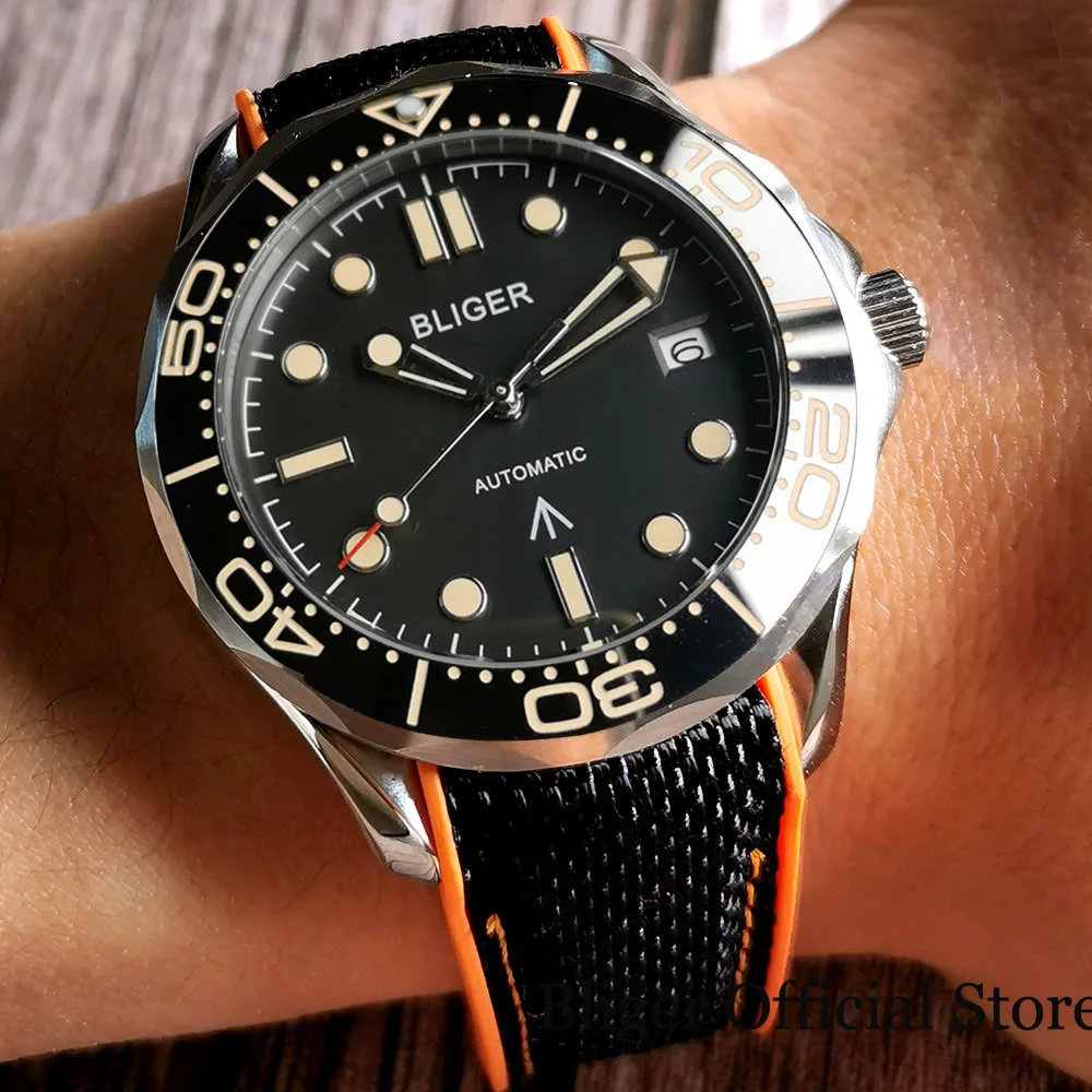 

BLIGER Black Dial 41mm Mechancial Self Winding Men Watch 24 Jewels NH35A Rubber Strap Luminous Marks Cermaic Insert