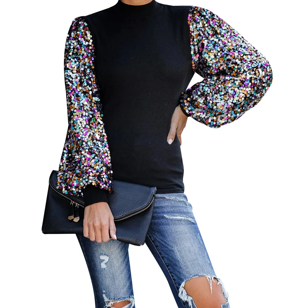 

Fashion Patchwork Sequin Autumn Winter Women Sweatershirt Elegant O Neck Office Lady Top Spring Lattern Long Sleeve Pullover