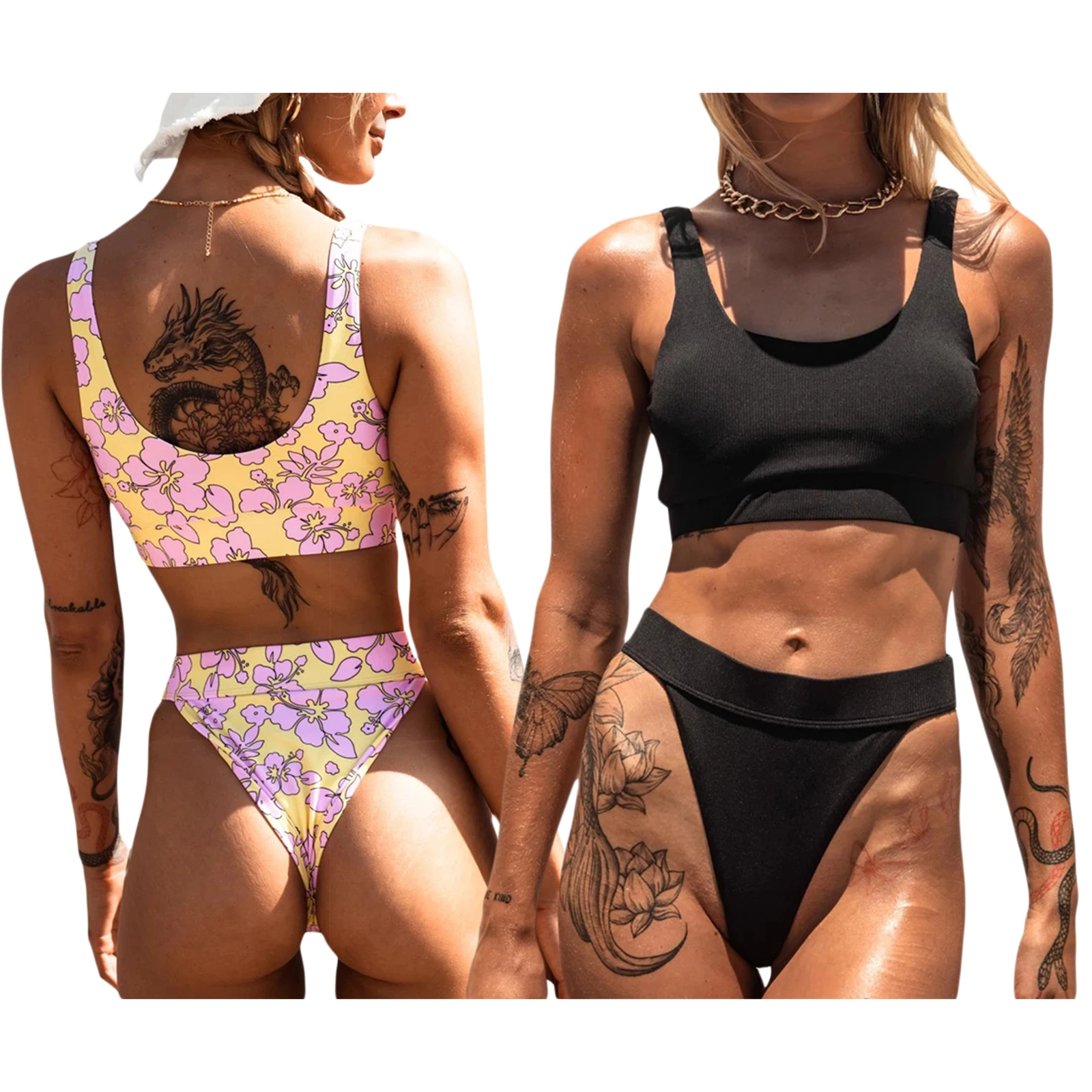 

Ladies Summer Split Swimwear Set, Adults Women Creative Solid Color/Floral Printing Tank Top Style Sexy Backless Bikini Swimsuit