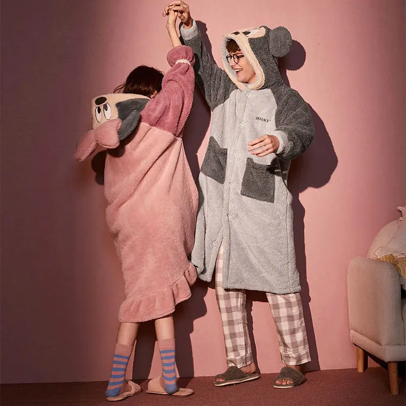Couple Pajamas Plush Coral Velvet Cute Nightgown Autumn Winter Men's Womens Pajamas Suit Home Service Hooded Nightgown Fashion