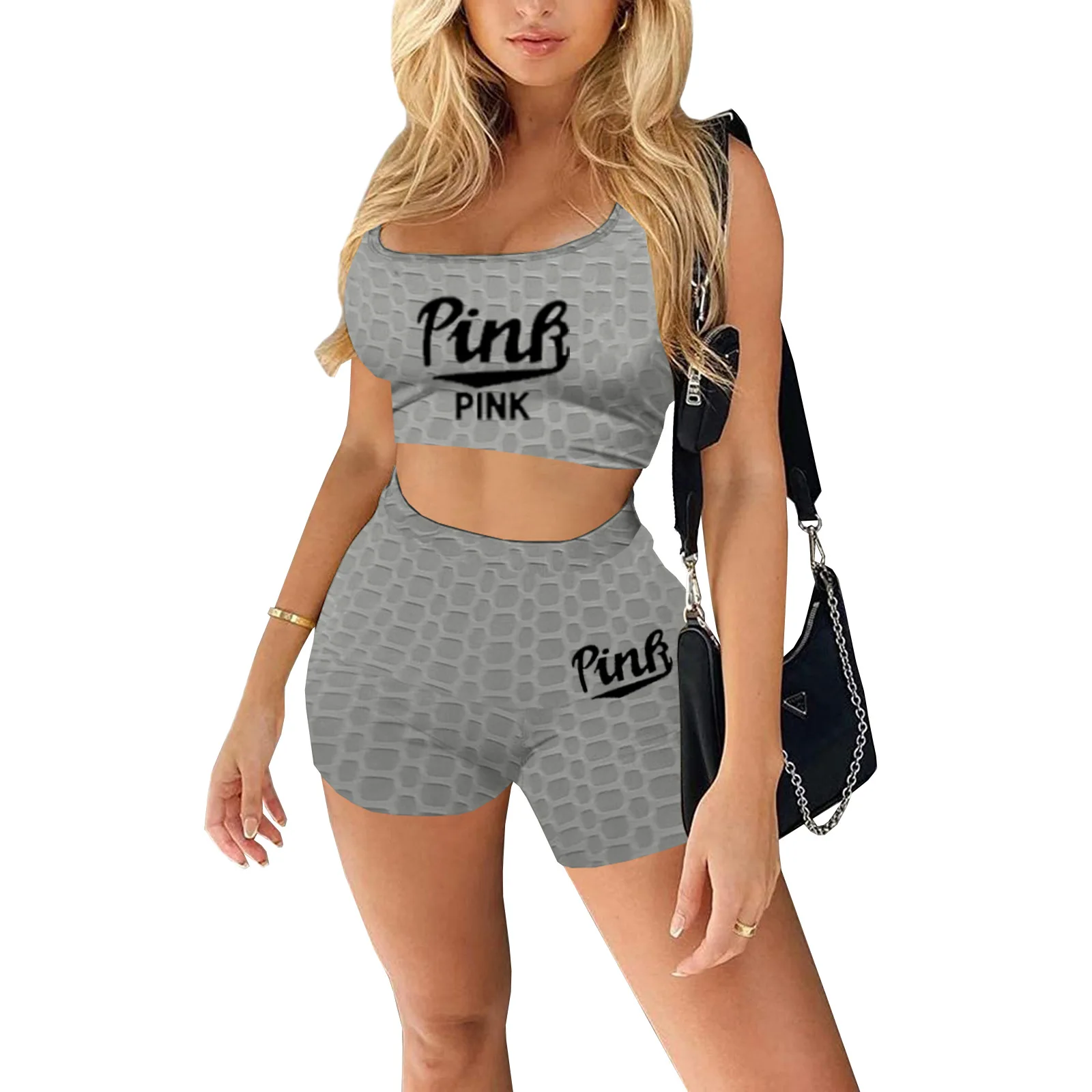 

Женский комплект из двух предметов для отдыха, спортивная одежда, розовый топ и велосипедные шорты, черная уличная одежда для девушек