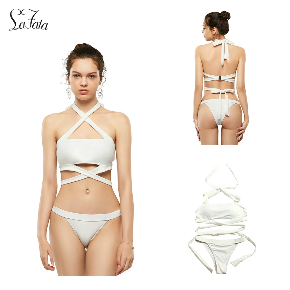

Strap Cross Halter Design White Bikini