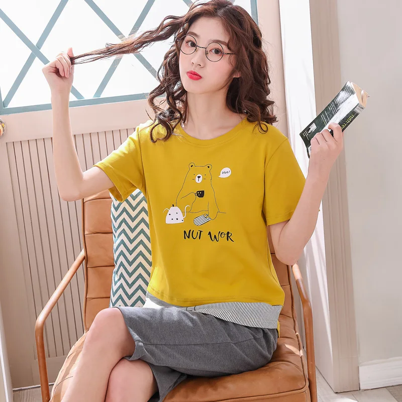 Летняя одежда новинка пижамы для женщин 100% хлопок мультяшная Пижама комплект