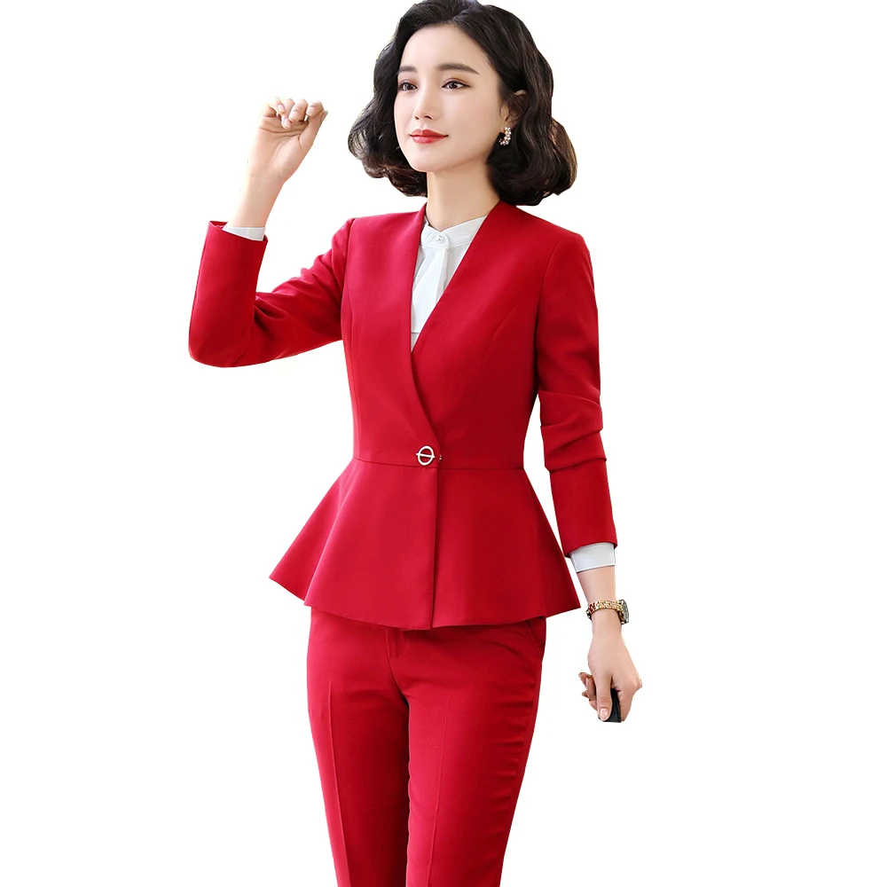 Elegant Office Ladies Black Blue Red Pant Suit Women Slim V-Neck Blazer Jacket And Trouser Female Formal Work 2 Piece Set