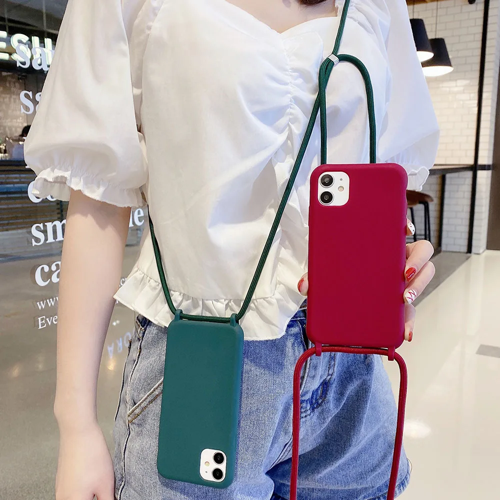 2022.Solid Color Phone Case for iPhone 12 Mini 11 Pro Max XR X XS Max 6 6s 7 8 Plus Lanyard Necklace Chain Hang Strap Cord Rope