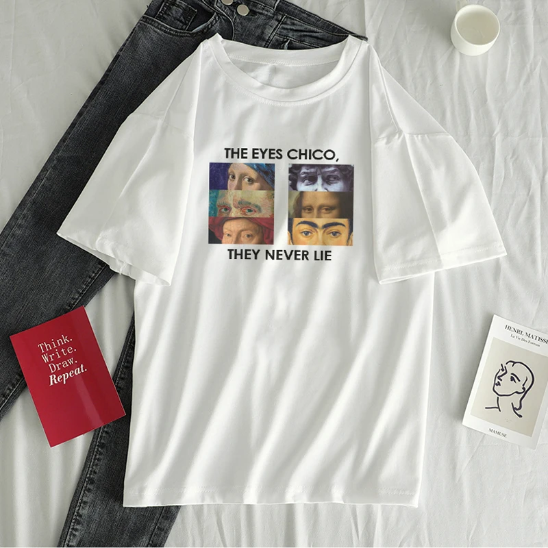 Van Gogh Summer new female short sleeve cartoon letters spoof ins tops funny art print tees Harajuku Ulzzang loose T-shirt