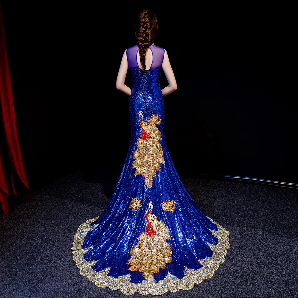 Вышитый павлином китайский стиль длинный со шлейфом Чонсам сексуальное тонкое