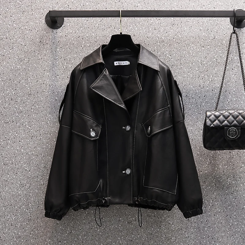 

Женская свободная куртка из искусственной кожи с поясом, повседневные байкерские куртки, верхняя одежда, женские топы, Стильная черная кожа...