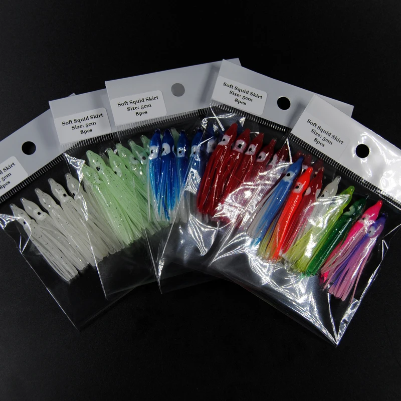 

2bags=16pcs Soft Squid Skirt Fishing Tackle Sea Fishing Soft Lures Octopus Bait Threads Skirts Mix Color Lumo Red Blue 5cm