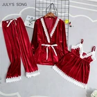 Пижама женская JULY'S SONG, из 3 предметов, бархатная, кружевная, с длинным рукавом, на зиму