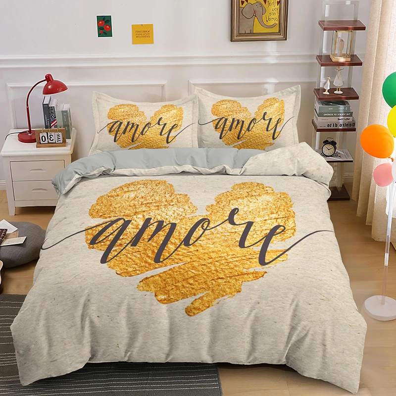 

Love Heart Duvet Cover Luxury Bedding Set Single Full Quilt Covers 2/3PCS Bedclothes Euro Size For Bedroom Decoration
