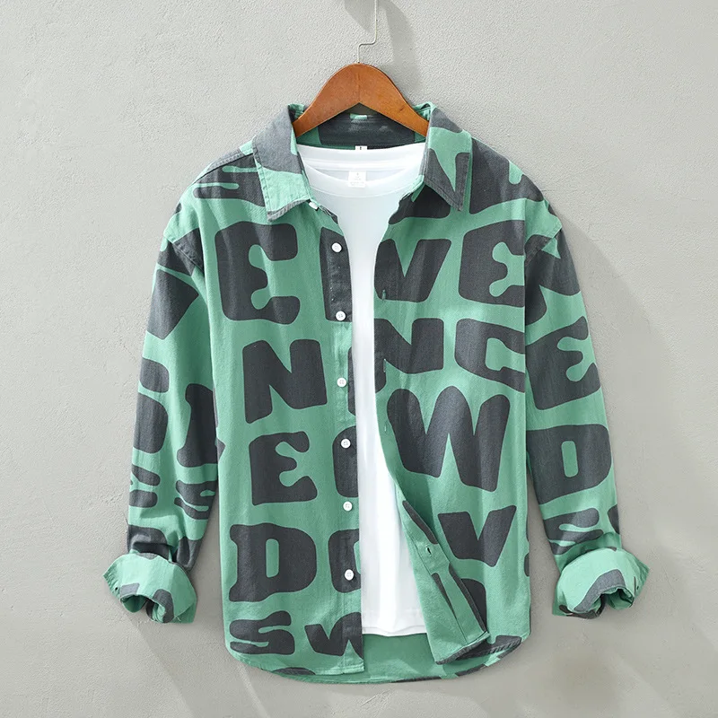 

Letter Print Shirts for Men Cotton Casual Long Sleeve Blouse Male Autumn New Tops Man Fashion Vintage Clothing