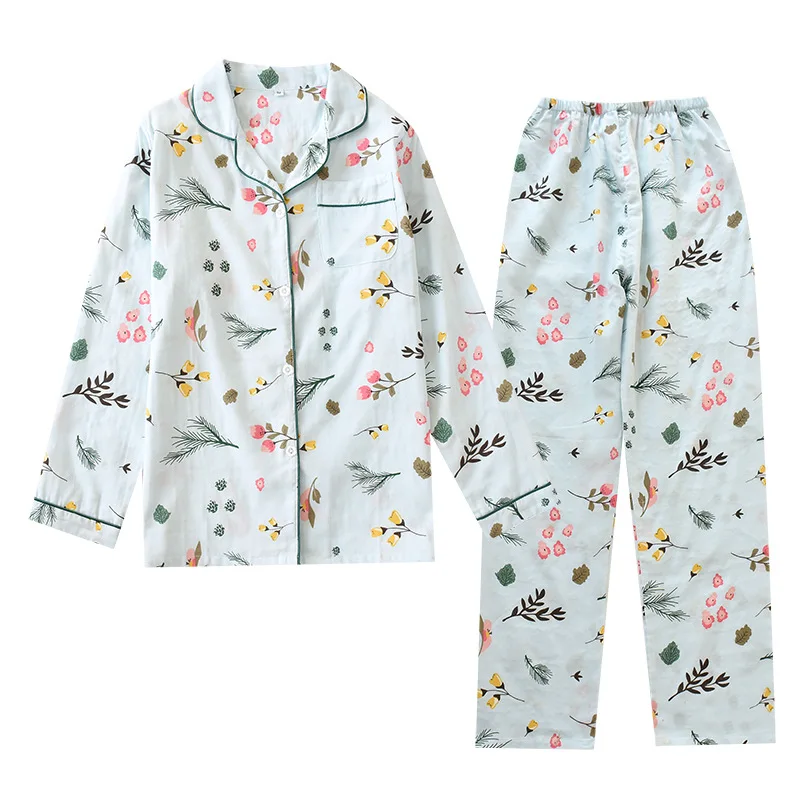 

Blue Flower Print 2PCS Cotton Pajamas Suit Women Turn-down Collar Sleepwear Long Sleeve Pant Home Pyjama Autumn New Nightwear