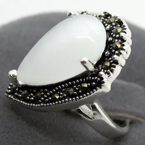 

nice valentise gift VINTAGE 13*25mm NANTURAL DROP WHITE OPAL RING SZ 7/8/9/10