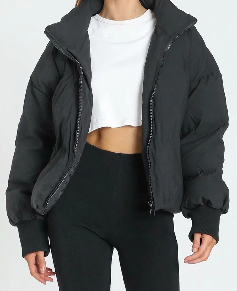 2021 Winter Women's Stand Collar Zipper Jacket Office Solid Pocket Cotton Short Coats Casual Long Sleeve Parka Female Outwear