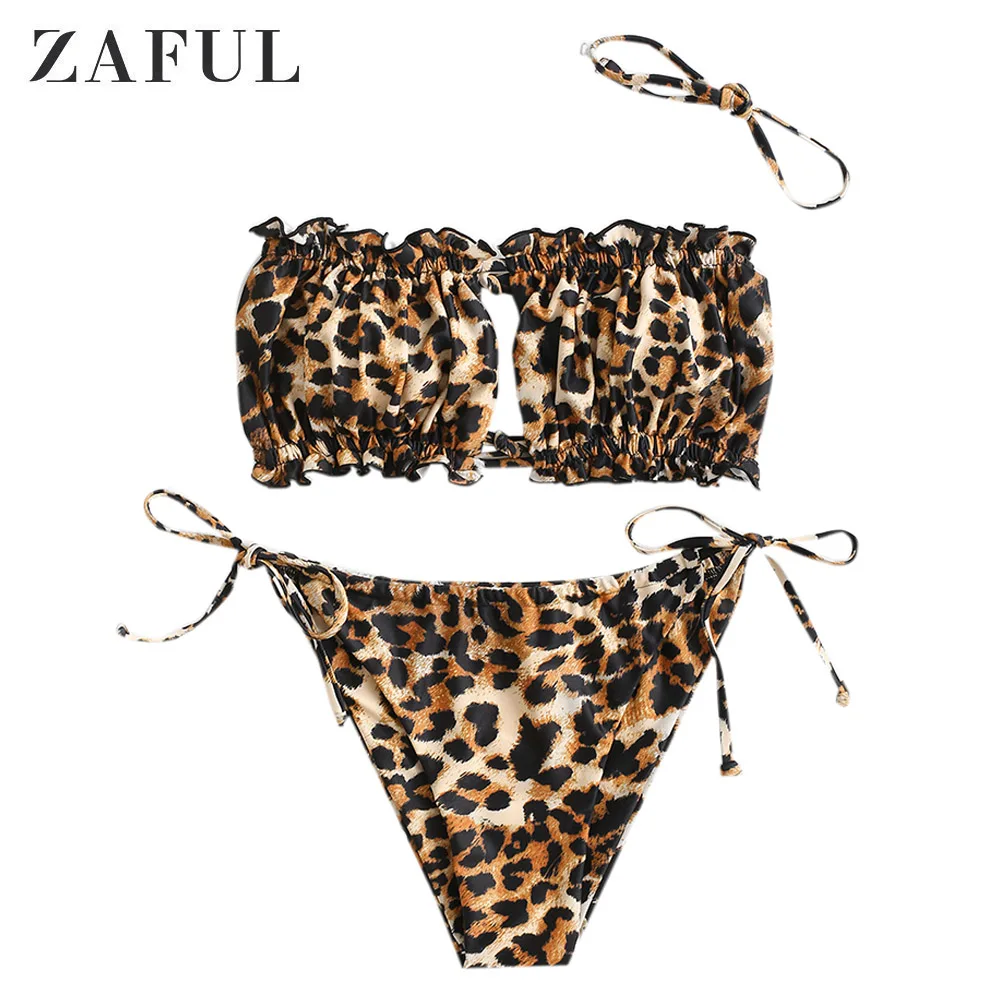 

Женский купальник-бикини с оборками и принтом животных