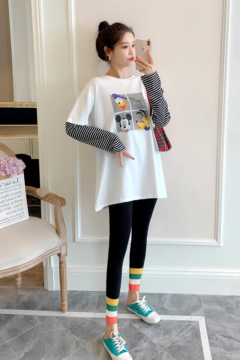 

9623# Patchwork Cotton Maternity T Shirts Spring Autumn Long Sleeve T-shirt Clothes for Pregnant Women Pregnancy Tees Tops
