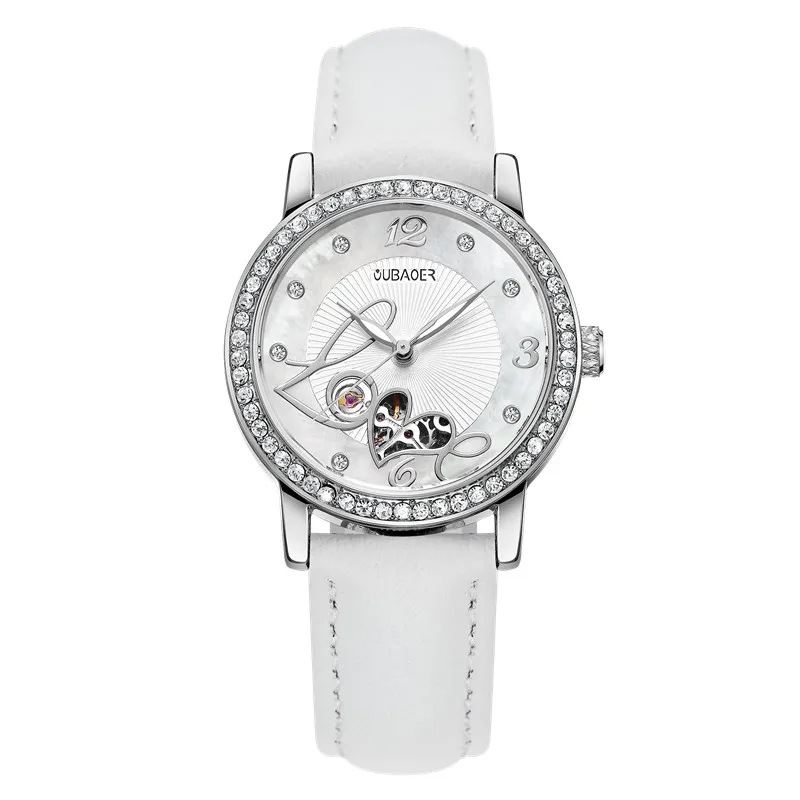 Relogio feminino, OUBAOER, автоматические механические часы для женщин, модные, стразы, полый дизайн, часы с кожаным ремешком, водонепроницаемые часы