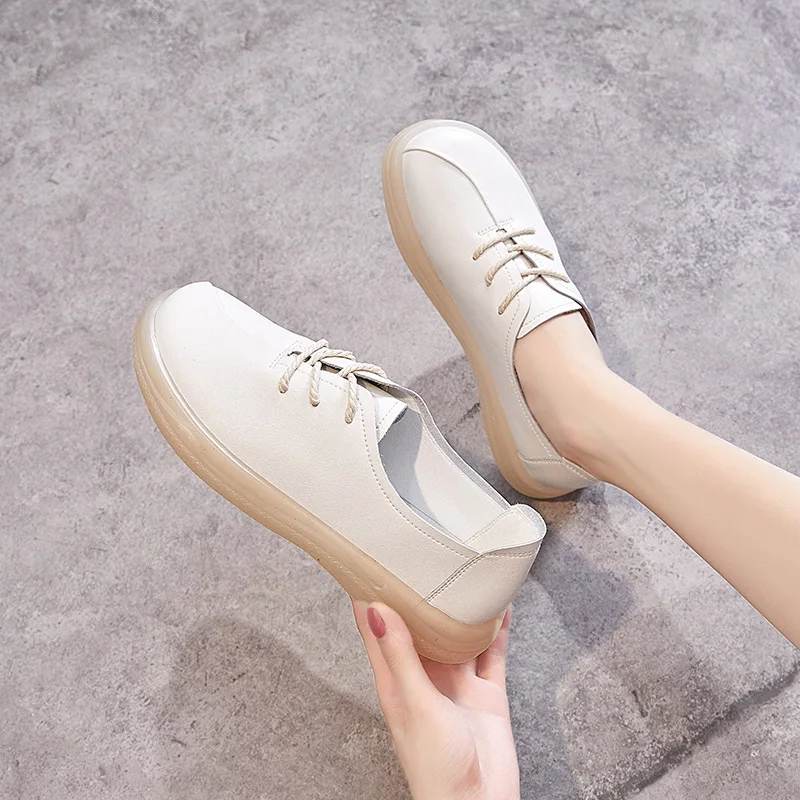 

Women's Genuine Leather Lace Up Oxfords For Women Office&Career Mother's Loafers Female Platform Casual Footwear Woman Flats