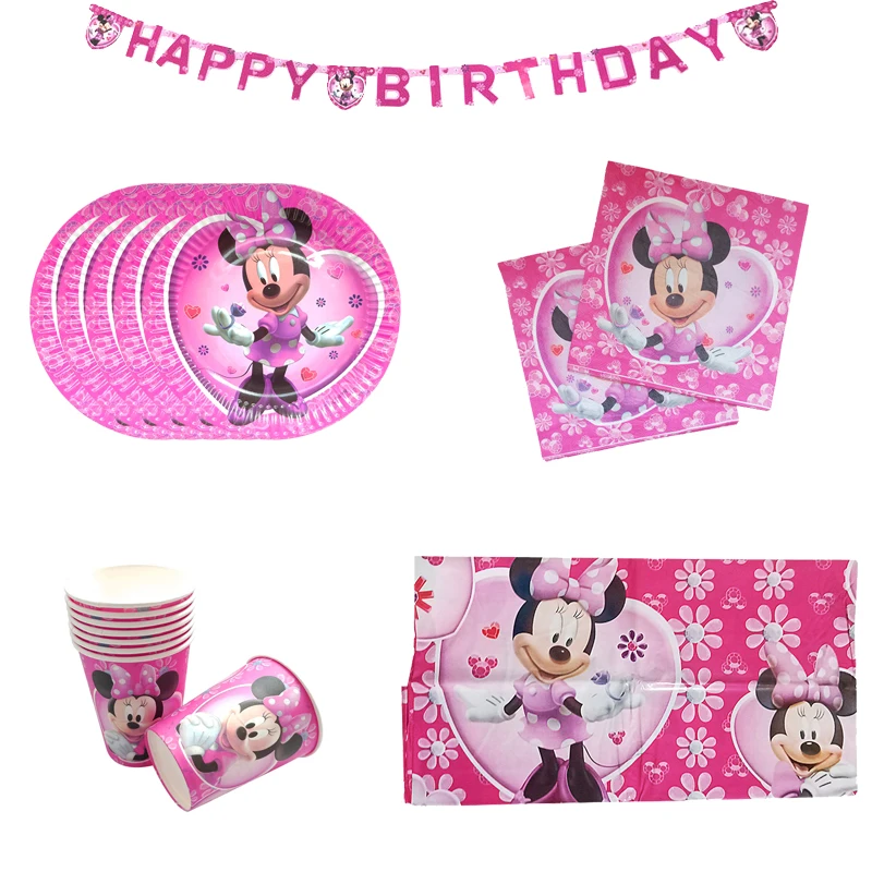 

34pcs Disney minnie mouse party Theme Birthday Party Supplies Cup Plate Disposable tableware set for baby girl Party Decoration