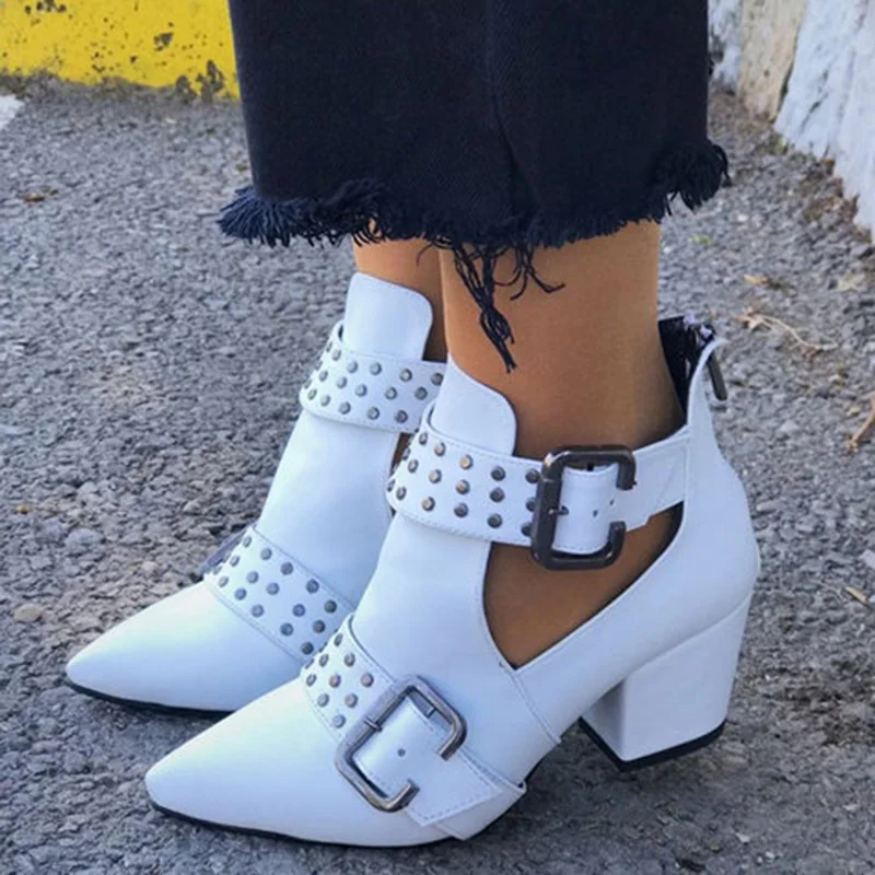 Sexy Winter Women Ankle Boots Leather Platform High Square Heel Rivet Belt Buckle Straps Punk Zipper Black Biker Botas Femininas