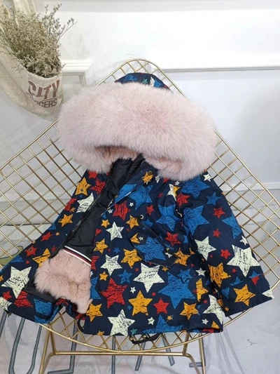 Star Pink Fur Children Winter Jacket Graffiti Boys Girls Real Fur Coat Thick Warm Rabbit Fur Kids Jacket Coat Furry Natural Fur Collar TZ428 - Цвет: Star Pink Fur