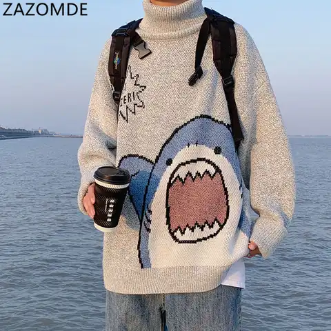 Водолазка ZAZOMDE мужская с высоким воротником, свитер в стиле Харадзюку с акулой, серого цвета, в Корейском стиле, большие размеры, зима 2022