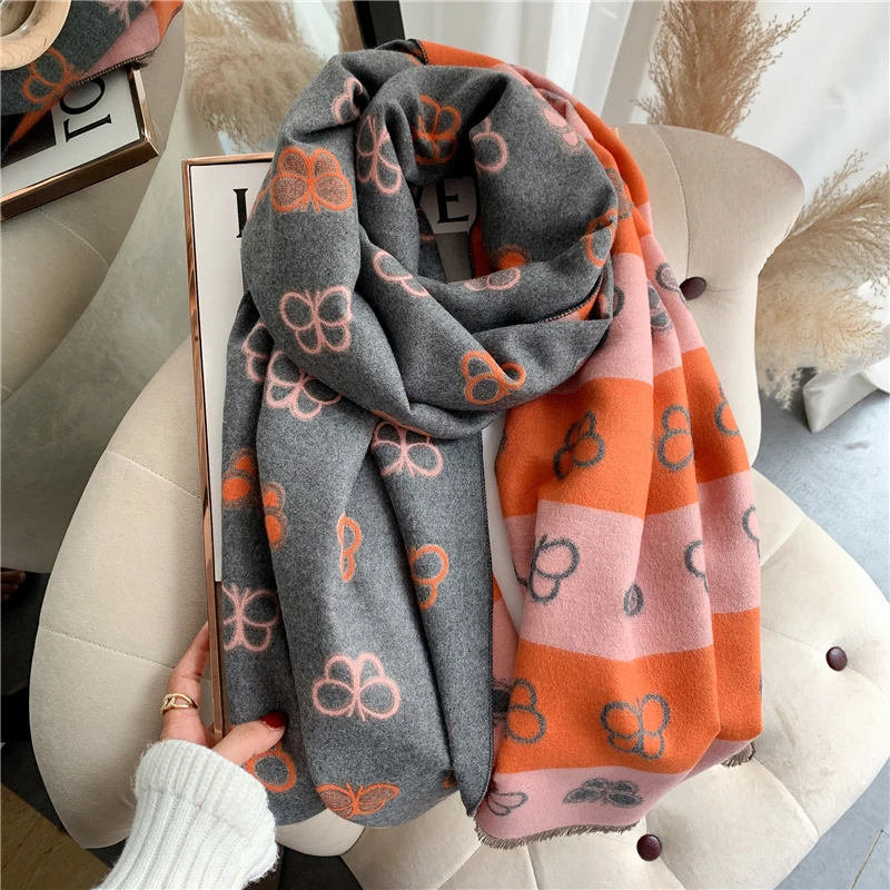 

2022 Thick Winter Women Scarf Shawl Hijab Luxury Print Solider Doubel Side Warm Blanket Stoles Bufanda Pashmina Cashmere Echarpe