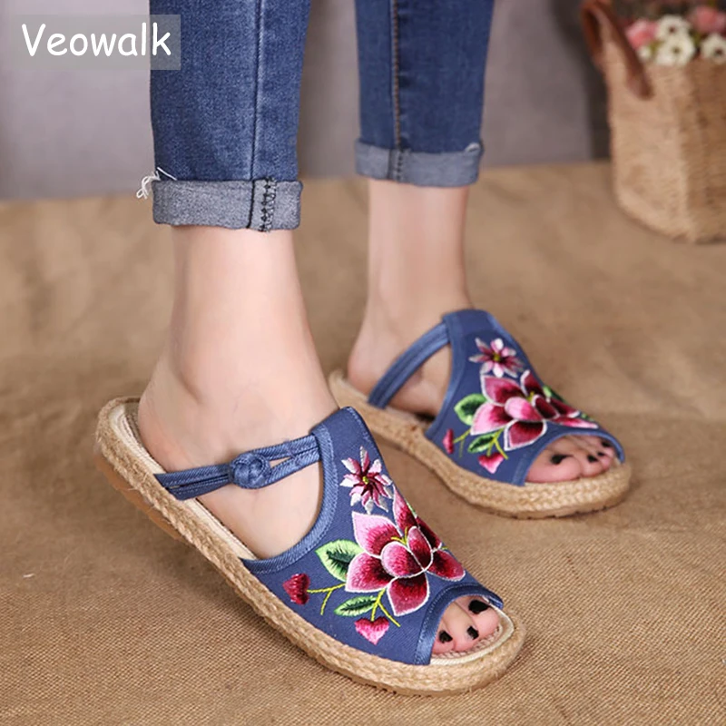 Эспадрильи Veowalk женские с вышивкой лотоса льняные хлопковые на плоской подошве